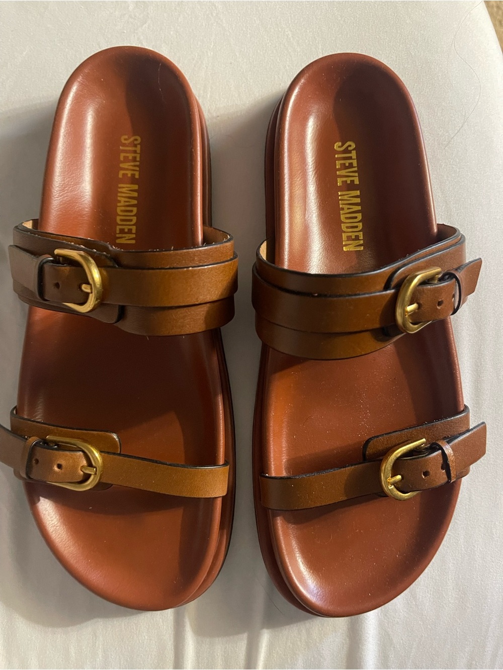 Steve Madden Tan Leather Double-Buckle Slide Sandals with Gold Buckles